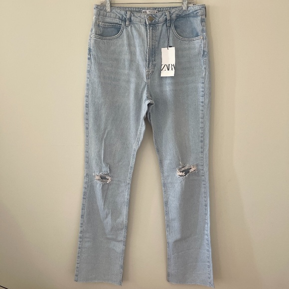 Zara Denim - Zara Slim Flare Light Wash Distressed Jeans w Slit